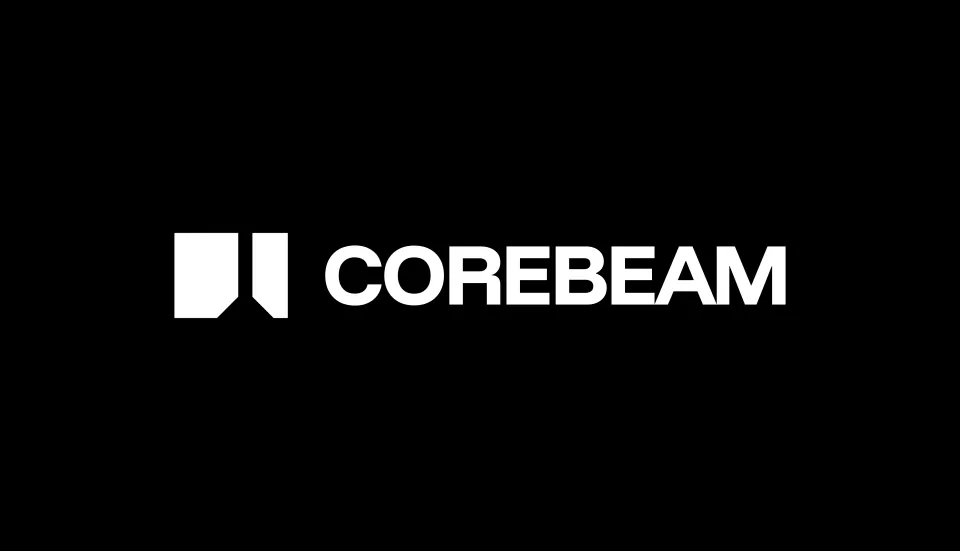 Corebeam wordmark with geometric icon on black