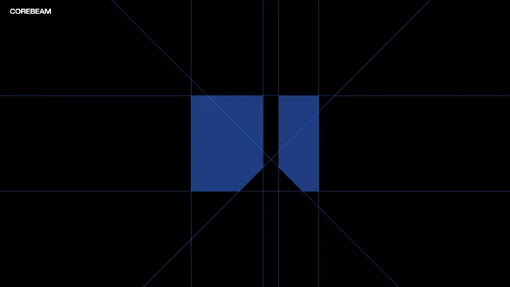 Corebeam logo construction grid with a blue mark