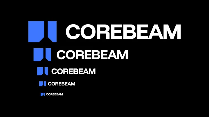 Corebeam logo shown at multiple sizes in blue and white