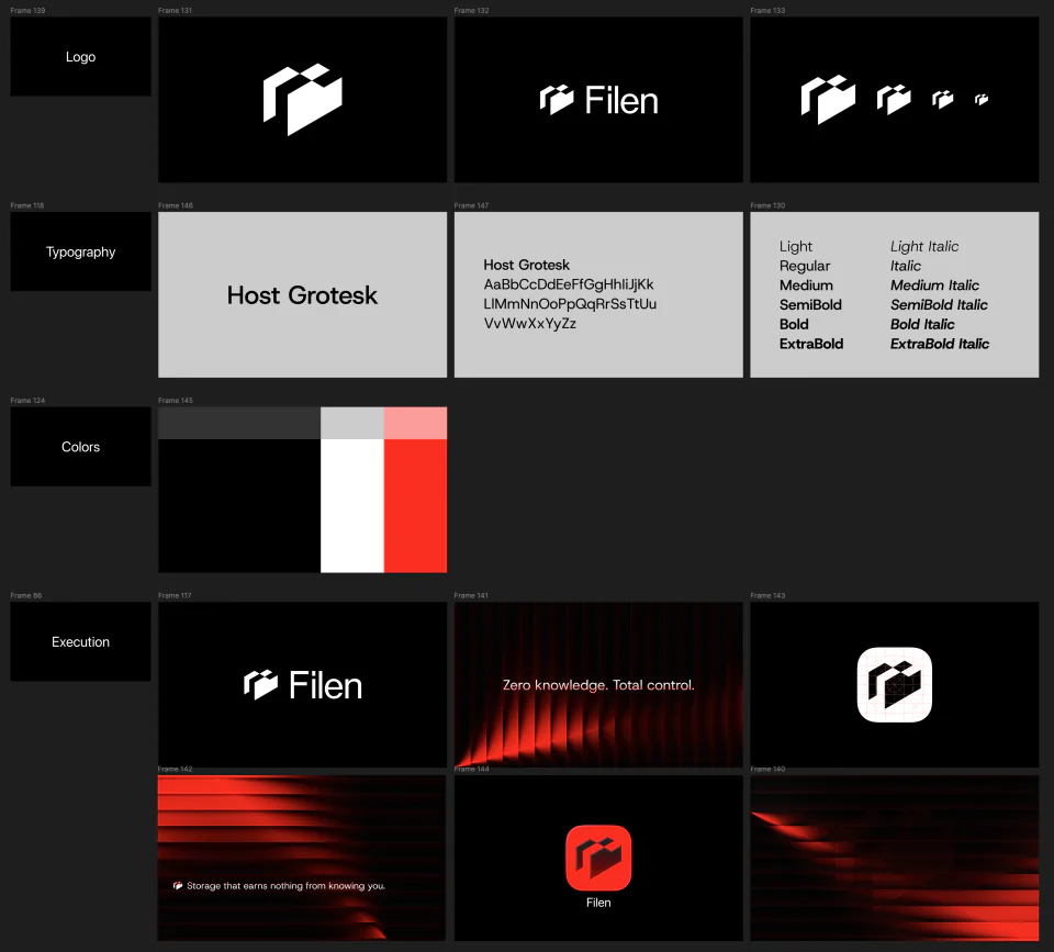 Filen red identity exploration showing the logo, typography, app icon, and campaign executions