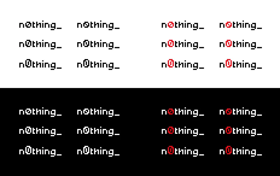 Black, white, and red n0thing pixel wordmark variations