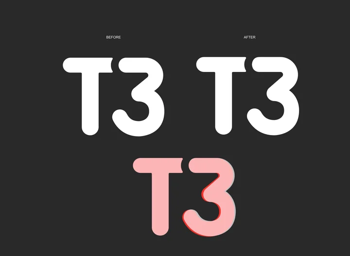 T3 logomark before and after comparison showing the final refined joint and terminals