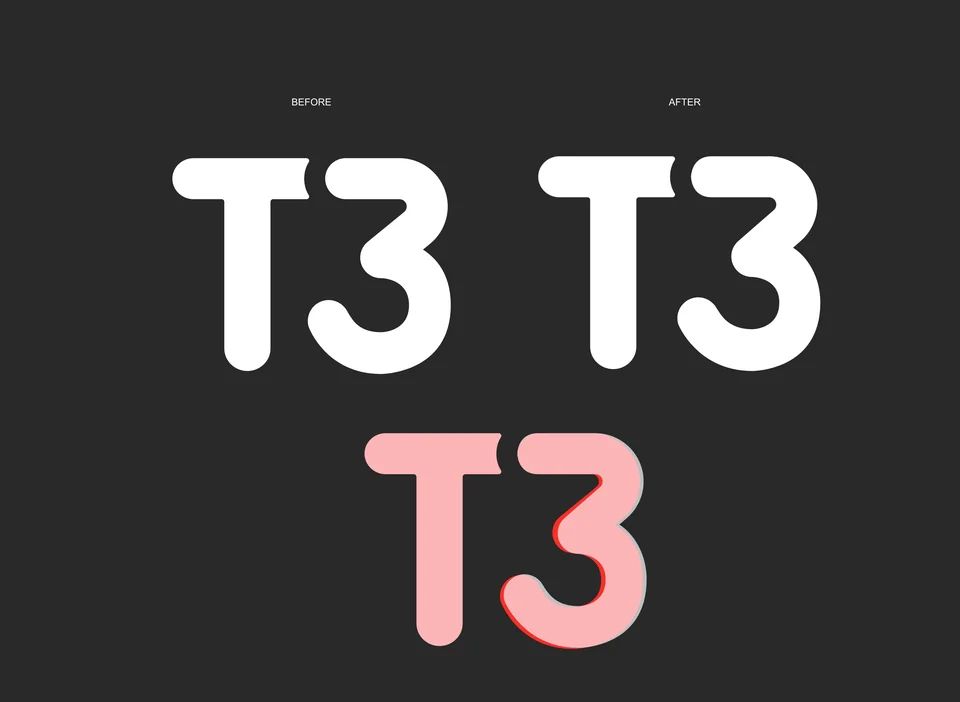 T3 logomark before and after comparison showing the final refined joint and terminals