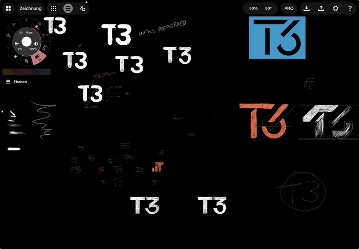 T3 logomark color passes arranged across the exploration canvas