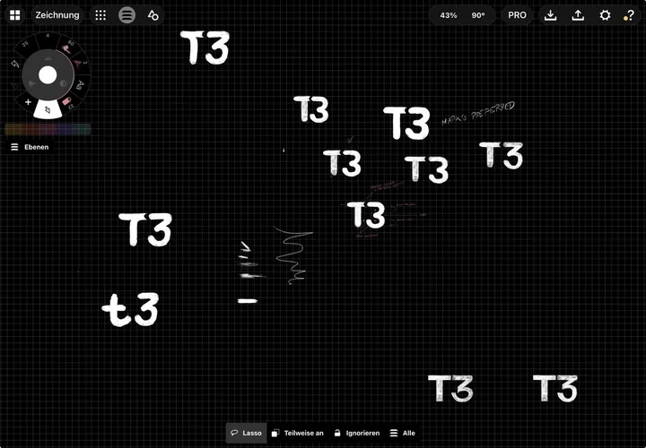 T3 logomark sketch passes arranged across the exploration canvas