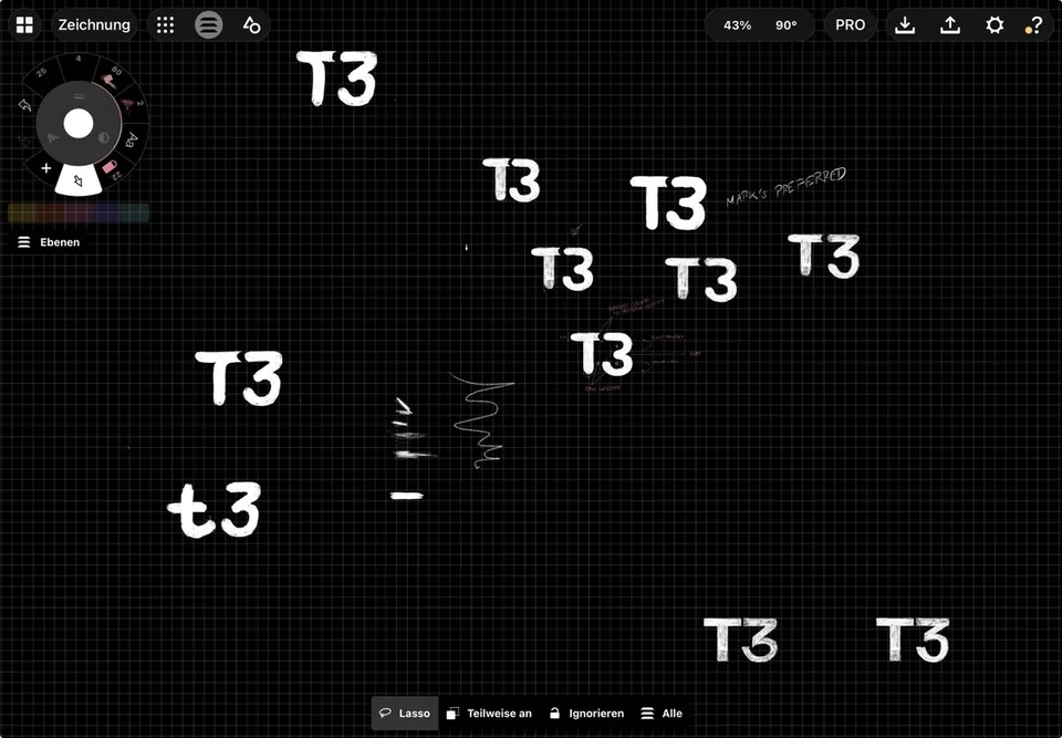 T3 logomark sketch passes arranged across the exploration canvas