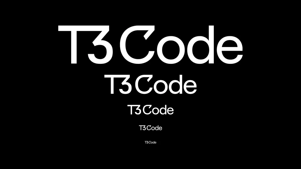 White T3 Code wordmark shown at five decreasing sizes on black
