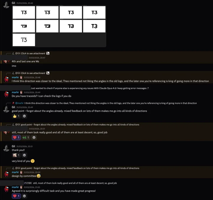 Nine T3 logo frames and the Discord replies they drew