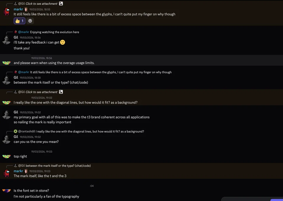 T3 Discord feedback on the spacing between the logomark glyphs